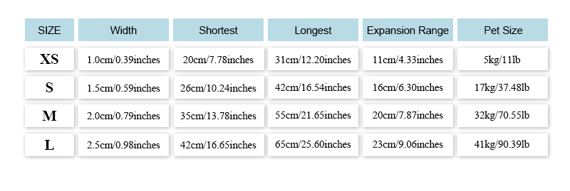 dog collar size table